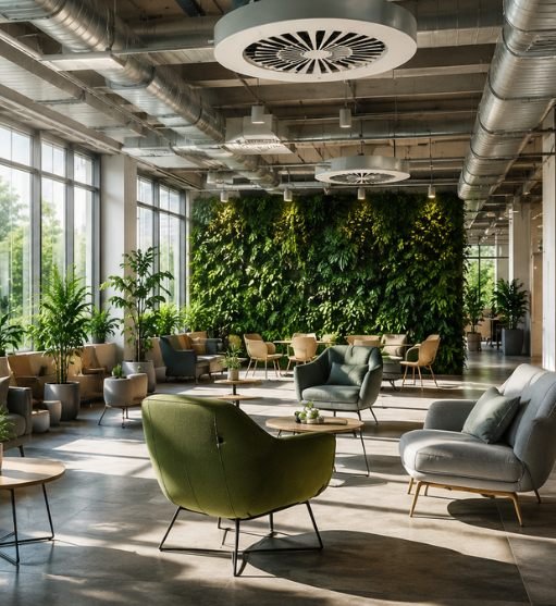Ambiente corporativo climatizado com difusores circulares e dutos aparentes