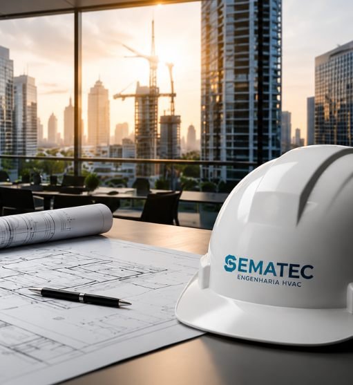 Capacete SEMATEC sobre plantas de projeto HVAC com edifícios em construção ao fundo